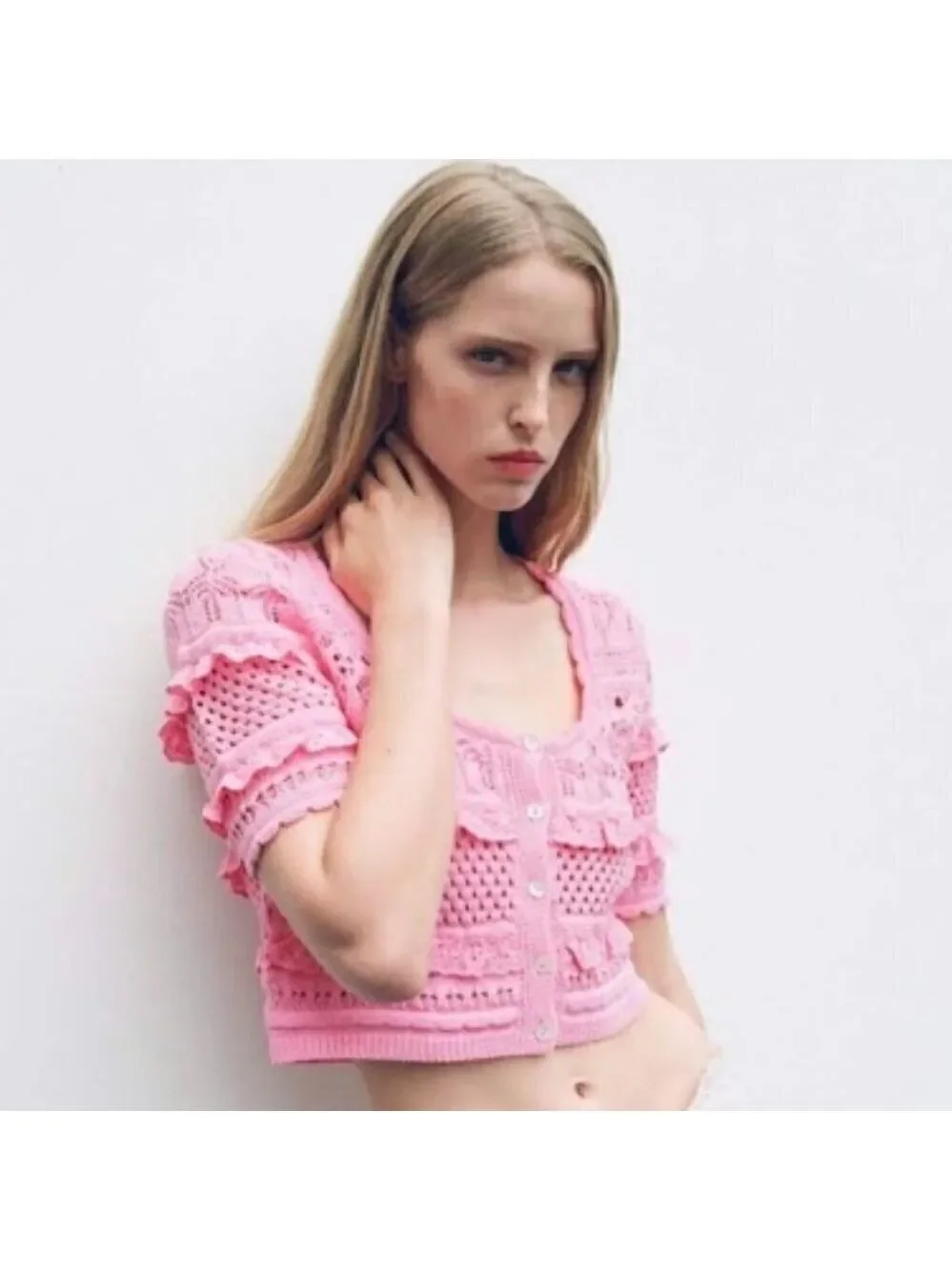 Zara | Short Sleeve Pink Lace Crochet Cardigan - Picture 8 of 11